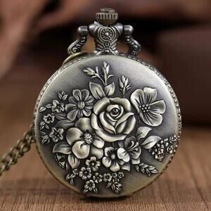 Gold Floral Rose Pocket Watch Vtg Western Womens Mens Anniversary Birthday Gift